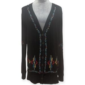 Caite Colorful Embroidered Pattern Bohemian Stitch Button-Front Cardigan Black